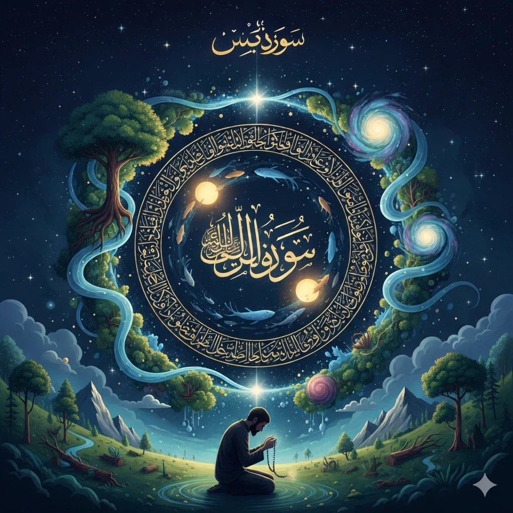 Ilustrasi kosmik Surah Yasin yang menggambarkan tasbih alam semesta—harmoni gerak langit, bumi, dan manusia sebagai pesan ekologis tentang keteraturan, keseimbangan, dan amanah menjaga ciptaan Tuhan.